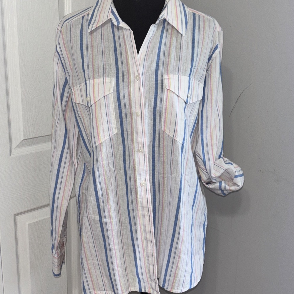 UNTUCKit Liza Shirt Medium White Multi Stripe Linen Cotton Blend Long Sleeve - Picture 9 of 9